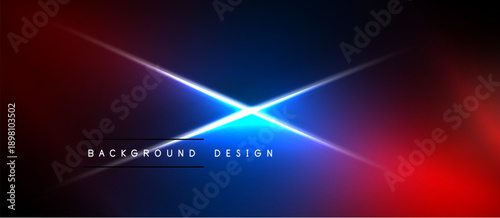 Abstract background features vibrant blue light crossing red gradients. Dark areas frame bright central design elements. Simple text labels bottom center.