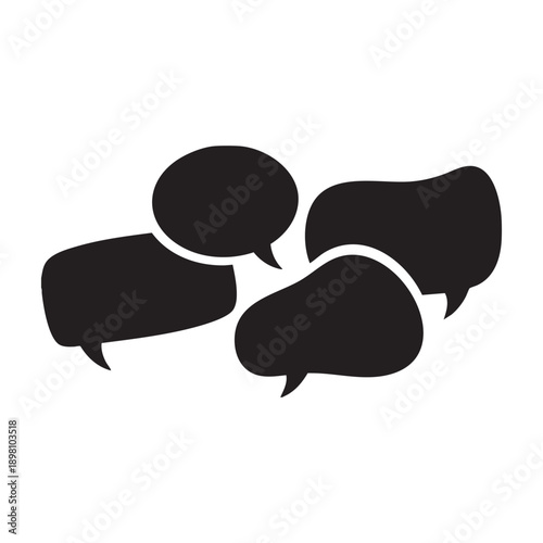 Vector illustration of four black speech bubbles overlapping and disconnected conveying conversation dialogue communication connection and message sharing conceptually represented with clean graphic