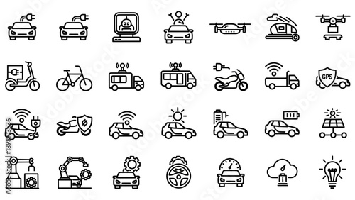 Collection of Simple Vehicle and Technology Icons.
