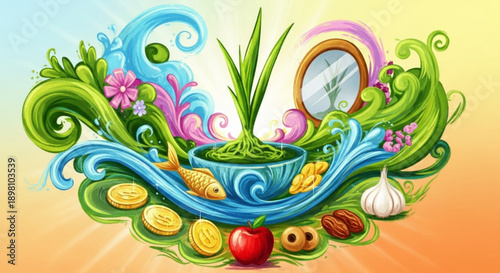 Vibrant nowruz sabzeh with traditional elements and colorful decorations