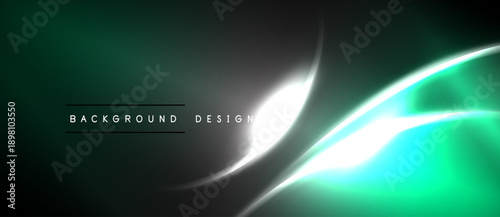 Abstract green background. Smooth lines create dynamic glow effect. Dark shades blend with bright turquoise highlights. Modern design element.