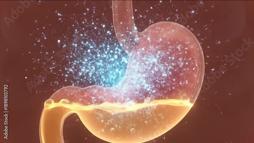 A capsule enters a stomach with gastric acid and dissolves to neutralize stomach acid in an anatomy animation. Concept of acid reflux relief and pharmaceutical treatment, heartburn