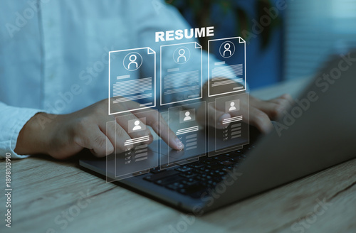 AI resume screening and digital recruitment concept ,Businessman using laptop CV documents screen, human resources technology, automated hiring system, talent management, data-driven HR workflow