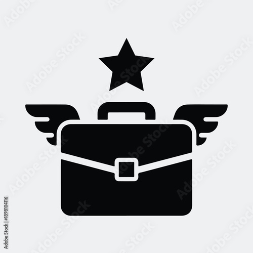 Silhouette flying business briefcase with wings and star premium success vector illustration