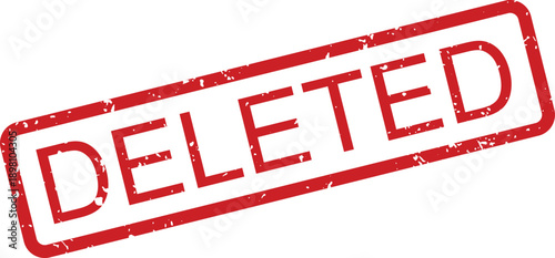A prominent red rubber stamp featuring the word DELETED displayed against a pure white surface