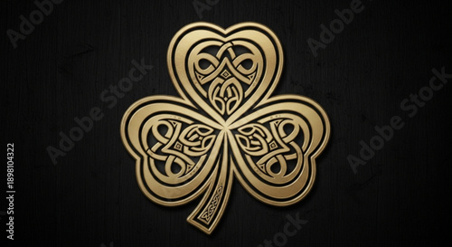 Golden shamrock celtic knotwork design on black background symbolizing luck