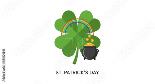 St patrick's day shamrock with rainbow and pot of gold on white