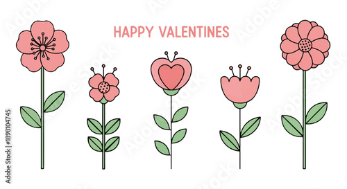 Charming collection of flat design flowers and heart symbols in shades of pink and red, perfect for spring, love, and decorative graphic elements, ideal for digital projects and romantic themes