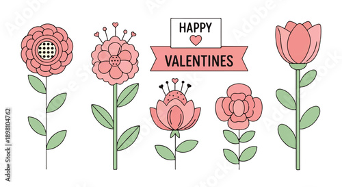 Happy Valentines Day collection of stylized flowers and banner with heart, celebrating love and romance