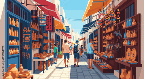 Colorful mediterranean market street with ceramics and tourists in summer