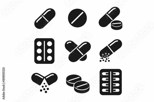 Set of nine black and white pill icons depicting various medicine forms