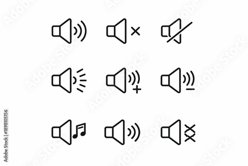 Volume control icons set: mute, unmute, adjust, sound effects, musical note