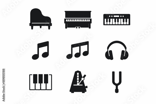 Music icons set: piano, headphones, metronome, musical notes, keyboard, tuning fork