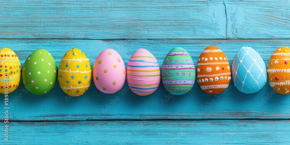 Naklejka premium The Easter eggs lined across a rustic turquoise wooden board for spring celebration