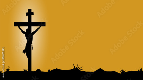 Silhouette of Jesus Christ on the cross with glowing light on golden background. Christian crucifixion illustration symbolizing faith, sacrifice, salvation, Easter, and religious devotion.
