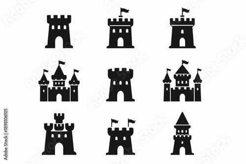 Collection of nine iconic castle silhouettes with flags and towers