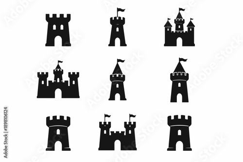 Collection of medieval castle silhouettes with flags on white background