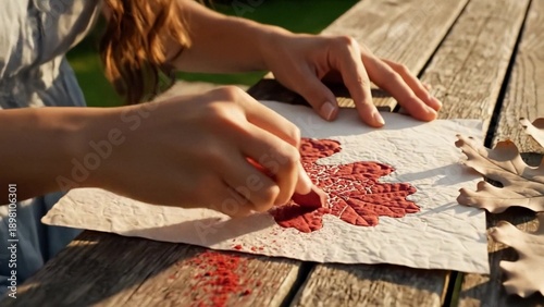 Hands making autumn leaf rubbings at rustic picnic table, creative outdoor craft activity, calm seasonal mood for fall decor ideas and Thanksgiving