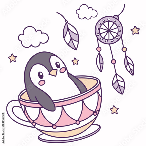 Content expression on a Emperor penguin in a Fantasy dream theme, with in a teacup – Dreamland vector art