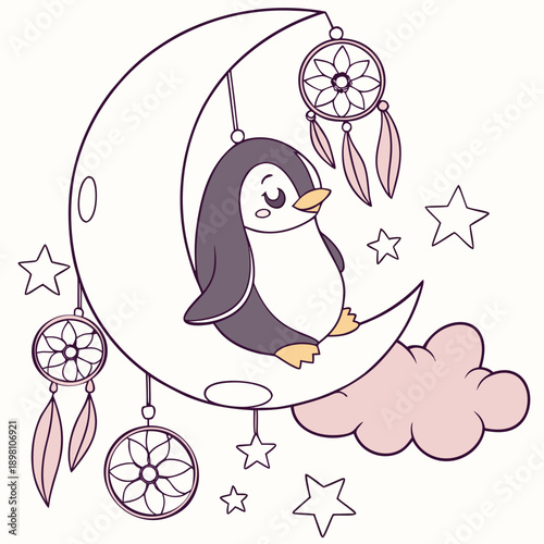 Dreamland colored Emperor penguin with a Grumpy touch, placed in a Fantasy dream theme and styled with sitting on a moon