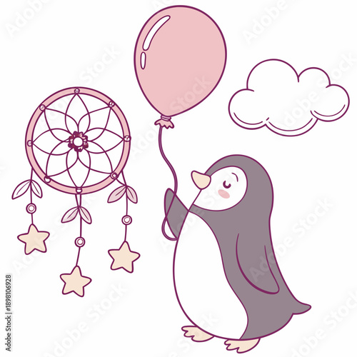 Dreamland themed SVG: Dreamy Emperor penguin with with a balloon in a Fantasy dream environment