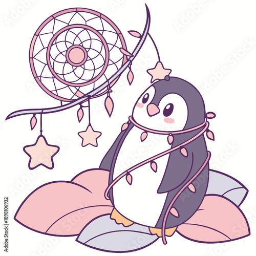 Creative SVG: Loving Emperor penguin with wrapped in fairy lights in a Dreamland colored Fantasy dream theme