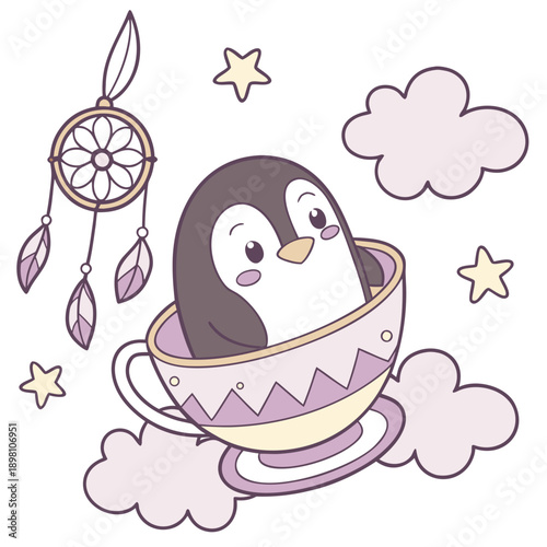 Charming SVG of a Bashful Emperor penguin featuring in a teacup, styled in a Fantasy dream theme with Dreamland hues