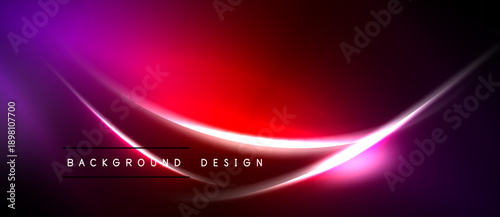 Abstract neon waves, vibrant purplered gradient. Dark background emphasizes glowing lines, modern design element.