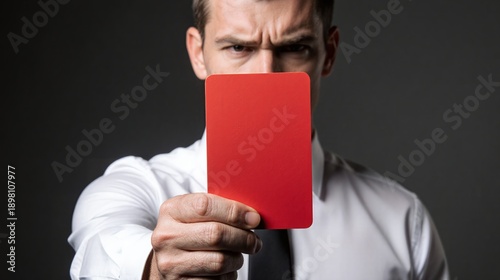 Man shows bright red card with stern expression