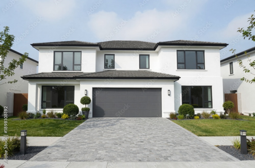 Fototapeta premium Modern Two-Story Home Exterior with Gray Garage Door and Stone Driveway on a Sunny Day