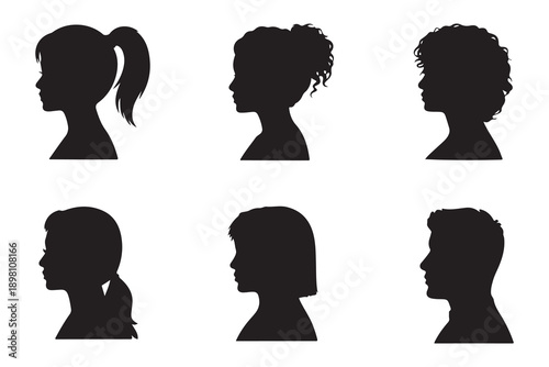 Set of diverse silhouettes representing different hairstyles and genders, isolated on white