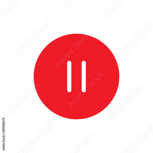A solid red circular pause button icon featuring two white vertical lines, indicating media interruption for digital platforms.