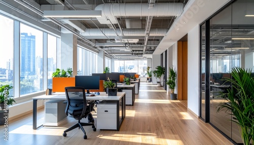 Bright Modern Office Space with Desks and Plants.