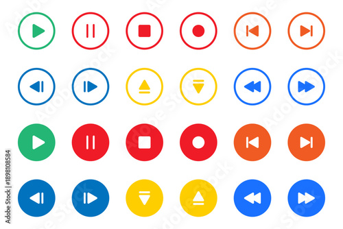 Collection of colorful media player interface buttons and multimedia control icons for web and app design. Both Solid And Outline Style Vector