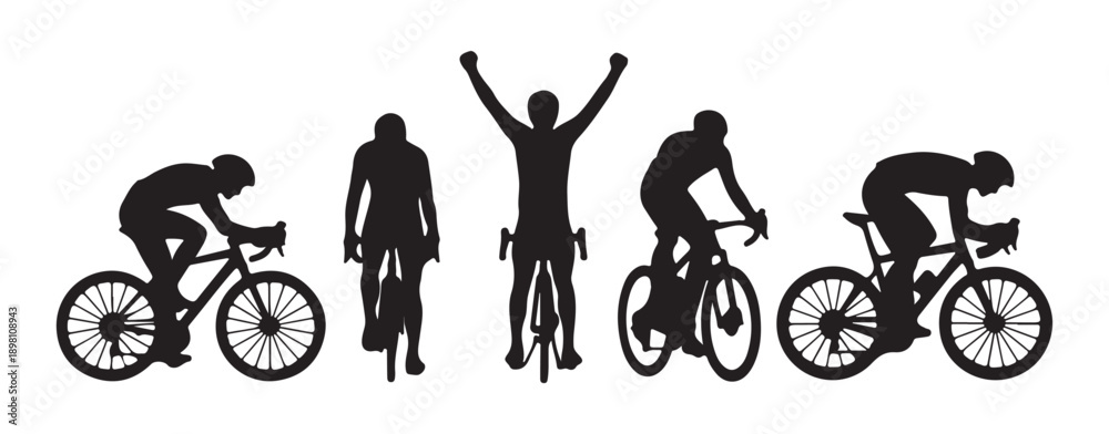 Obraz premium Cyclists celebrating victory and competing in races, dynamic silhouettes on white background