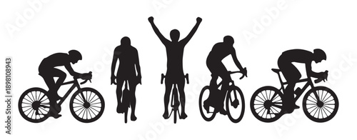 Cyclists celebrating victory and competing in races, dynamic silhouettes on white background