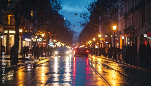 City street at night after rain with car lights.