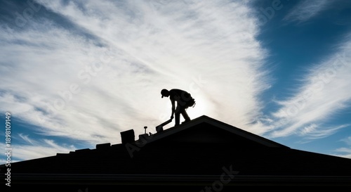 Roofer silhouette working on house roof against cloudy sky at sunset