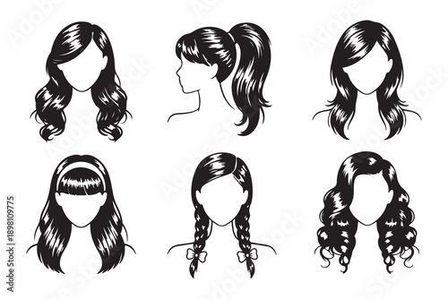 Collection of six different black and white hairstyles for women and girls in graphic vector art