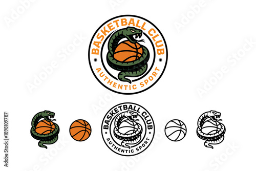 Basketball sport with coiled serpent wrapped around a ball retro badge logo design set for sport club. Snake wrapped basketball vintage patch symbol graphic pack for athletic club