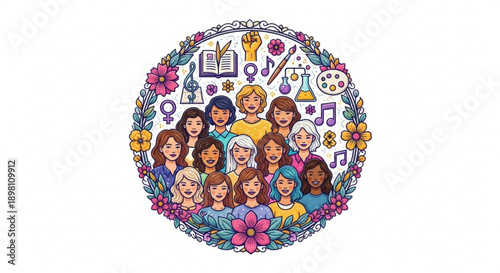 Diverse group of women surrounded by flowers and educational symbols in a circle