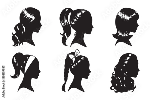 Six black silhouette hairstyles for women and girls in vector graphic art, profile view