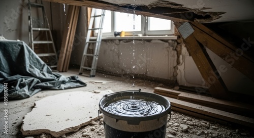Water Damage Ceiling Leak Dripping into Bucket During Renovation