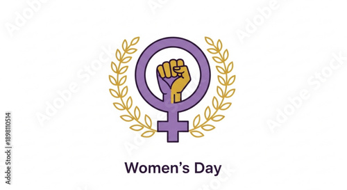 Purple female symbol with raised fist and laurel wreath on white background for women's day