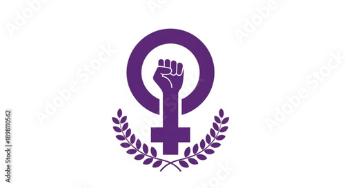 Purple feminist symbol with raised fist and laurel wreath on white background