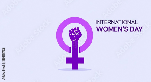 International women's day symbol with raised fist and female gender sign on purple background