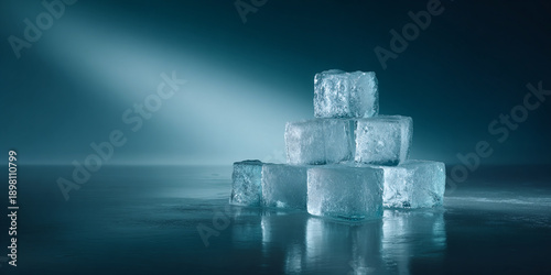 Clean Studio Composition Featuring Stacked Ice Cubes on a Reflective Surface, Illuminated by Cool Blue Light