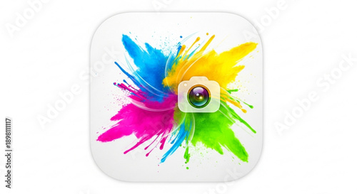 Vibrant paint splatter icon with camera lens in center on white background