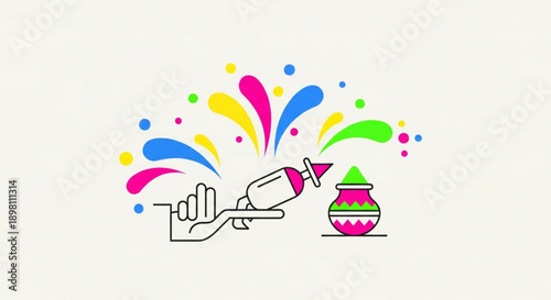Hand holding spray paint can with colorful splashes and decorative pot nearby on white background