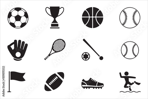 Monochromatic sport icons set featuring various game items on isolated white background